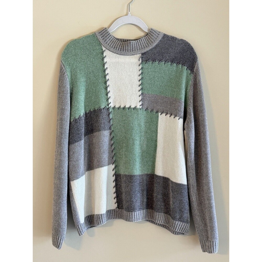 Alfred Dunner Women L Patchwork Sweater Gray Green Colorblock Whipstitch Knit